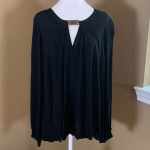 Umgee Black Blouse Small Gold Metal Accent Neck Pleated NWT